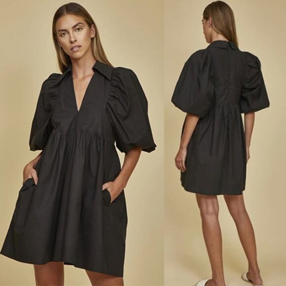 NEW Hunter Bell Noah V-Neck Puff Sleeves Mini Dress Women's Black Size: Small